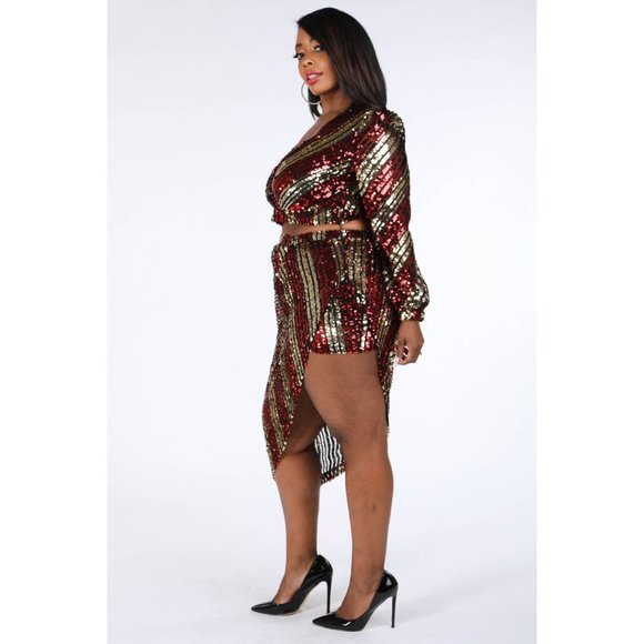 Women's Deep V-Neck Multicolor Casual Long Sleeve Stripe Sequin Two-Piece Sets - Picture 9 of 10